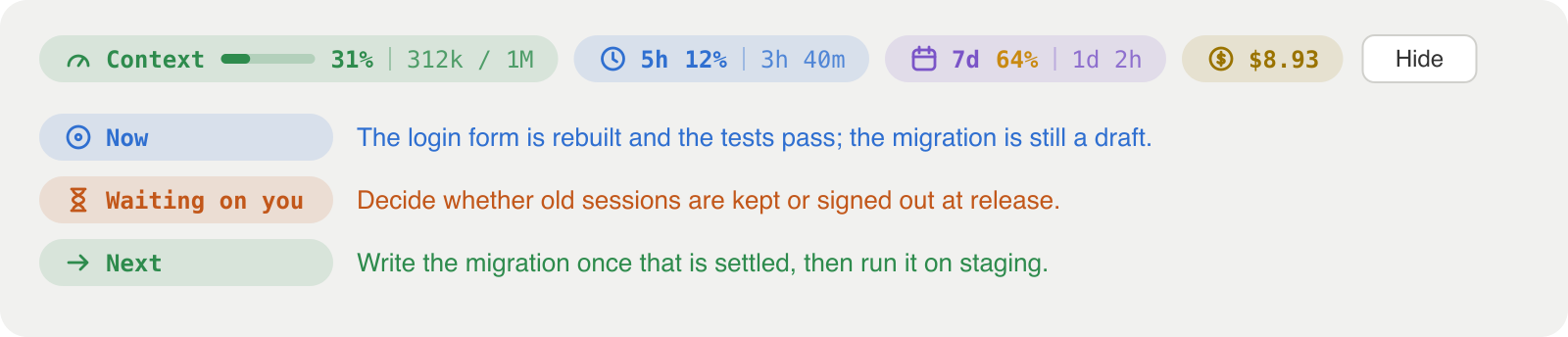A row of four pills above the prompt box: Context, 5h, 7d and Cost, then a button, with three recap lines underneath