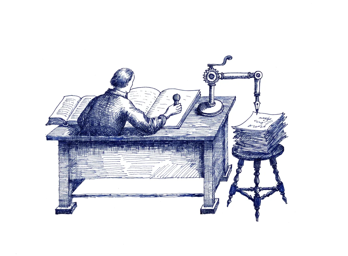 An editor seen from behind, the back of the head and the hair showing, sits at a writing desk and presses a wax seal onto a finished manuscript, with an open reference volume at the elbow, while a small mechanical writing arm beside the desk rests its pen over a stack of marked-up drafts.
