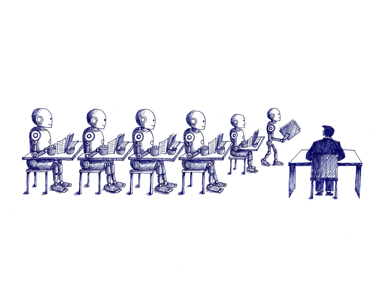 A row of small robots sit at identical clerks' desks, each with one ledger and a small purse of coins, while one robot leaves its desk and carries a folder to a human manager seated at a larger desk at the end of the row.