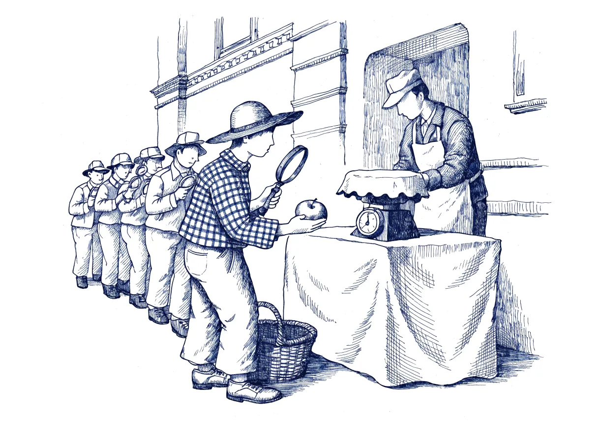 A shopper at a market stall examines an apple through a magnifying glass before placing it in a basket, while the stallkeeper's own weighing scale sits under a cloth and a queue of shoppers waits behind, each holding a magnifying glass.
