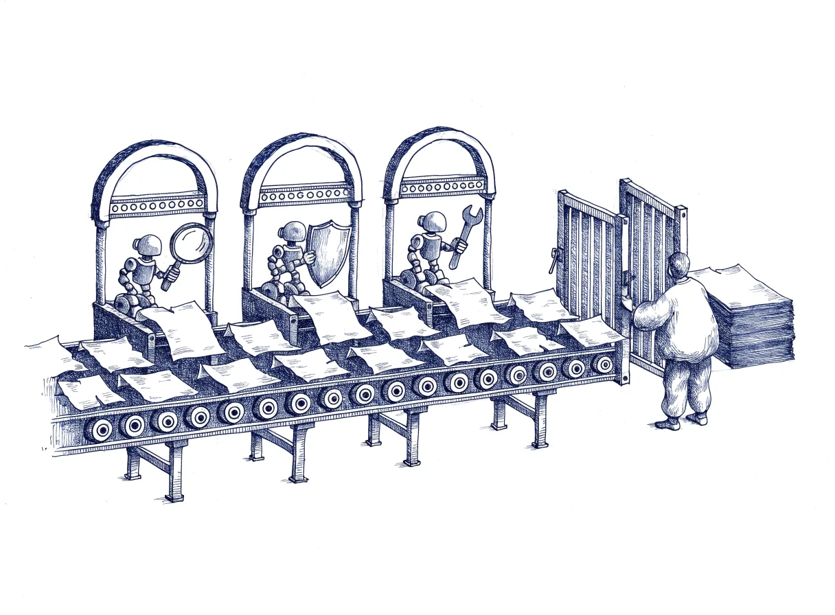Pull requests on a conveyor pass three robot inspectors. A human controls the gate at the end.