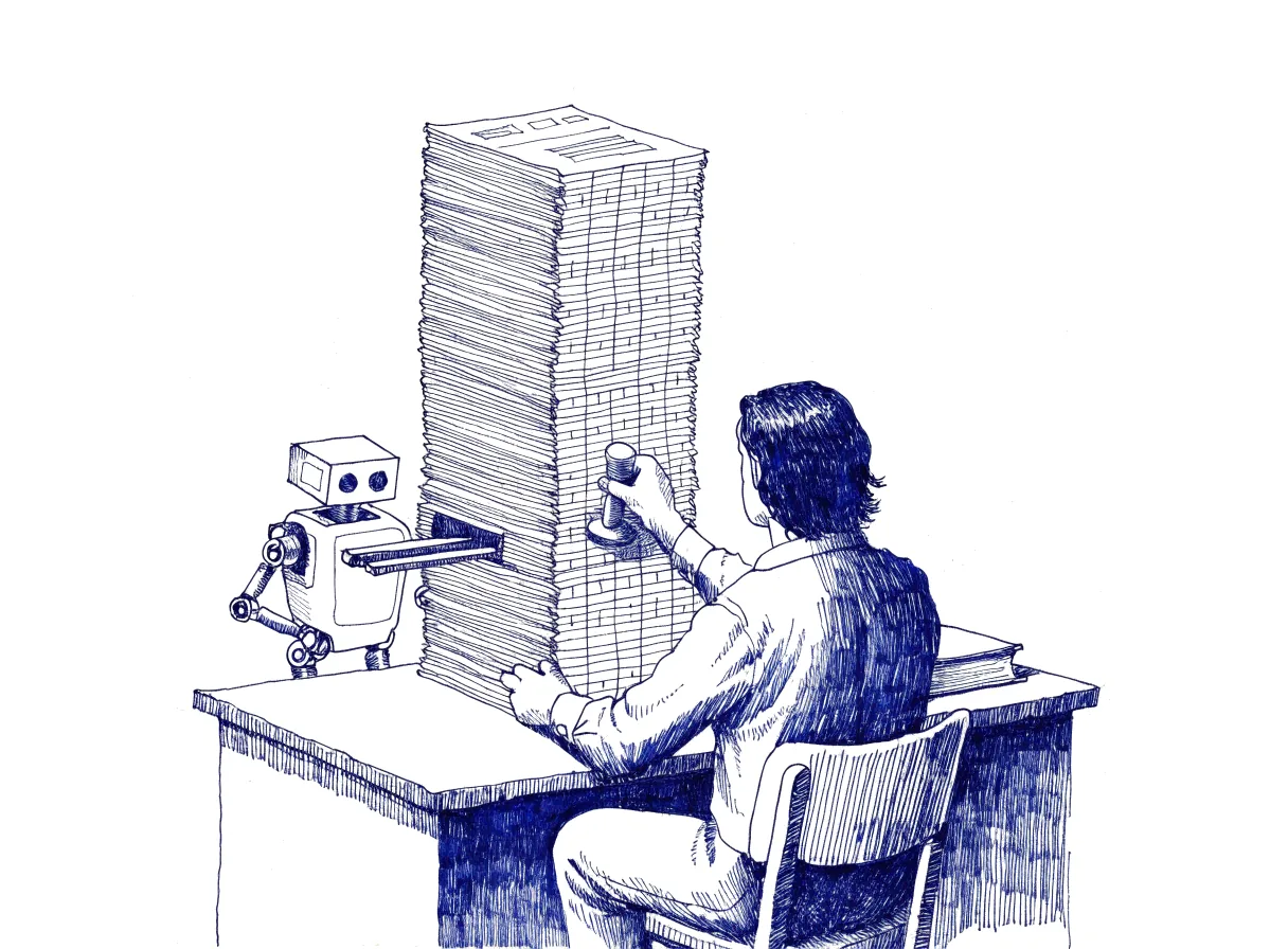 A reviewer seen from behind, the back of the head and the hair showing, sits at a desk and stamps a tall stack of answer sheets without reading them, while a small robot beside the desk slides each sheet under the stamp and a thick reference book lies closed and unopened at the far corner of the desk.