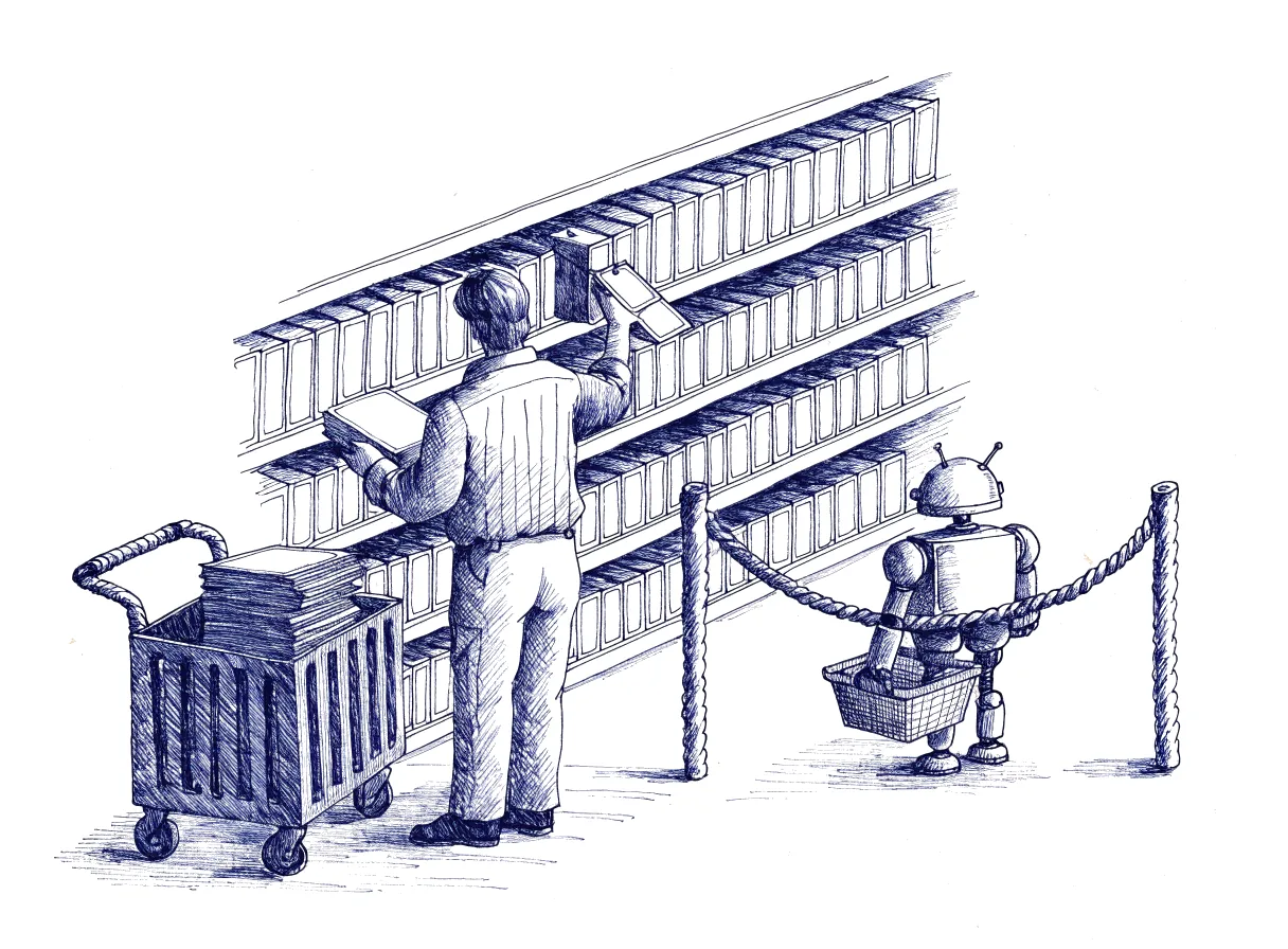 A librarian seen from behind, the back of the head and the hair showing, ties a blank approval tag to each book before placing it on a shelf behind a low rope barrier, while a small robot waits at the rope with an empty basket and a cart of untagged books stands at the librarian's side.