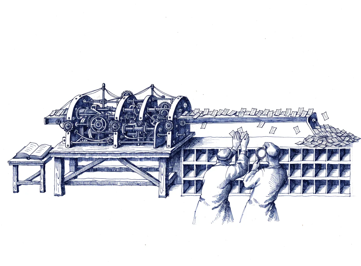 A long clockwork sorting machine on a workbench drops loose paper slips into rows of plain pigeonholes, while two figures seen from behind, the backs of their heads showing, lift a handful of slips from one open compartment and examine them through a magnifying glass, and a bound logbook lies open on a stand beside the machine.