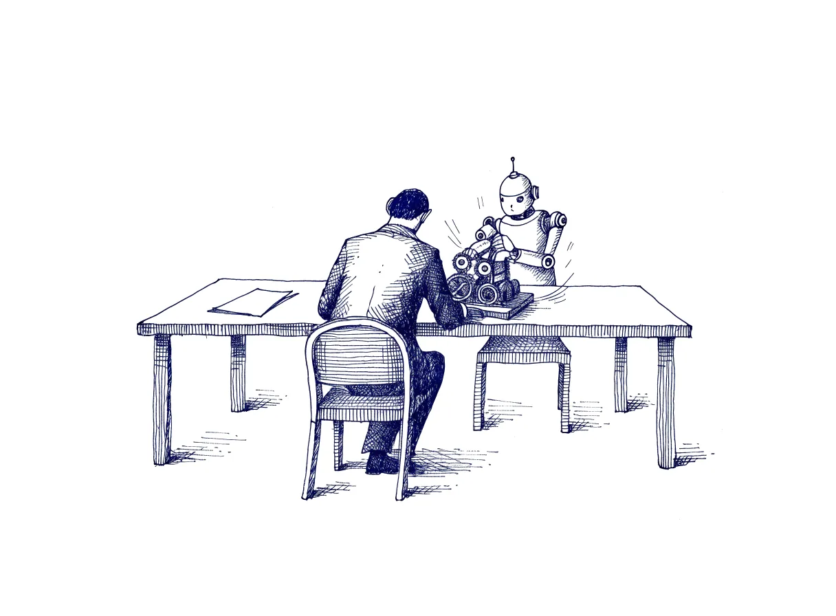An executive seen from behind, the back of the head showing, sits at a long boardroom table and leans toward a clockwork model machine that a small robot has wound and set whirring, while a single folded sheet of paper lies unopened at the far end of the table, the whole scene drawn with wide empty margins on every side.