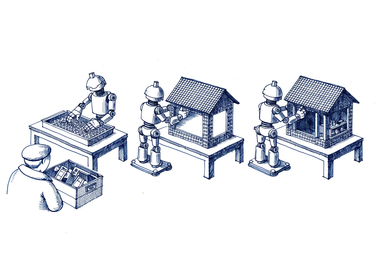 A small robot builds a model house at a workbench in three fixed stages, first a tray of matching tiles and trim, then walls and roof, then the cellar, while a figure seen from behind, the back of the head showing, sets ready-made locks and a letterbox from a crate beside the bench before the robot starts, the whole scene drawn with wide empty margins on every side.