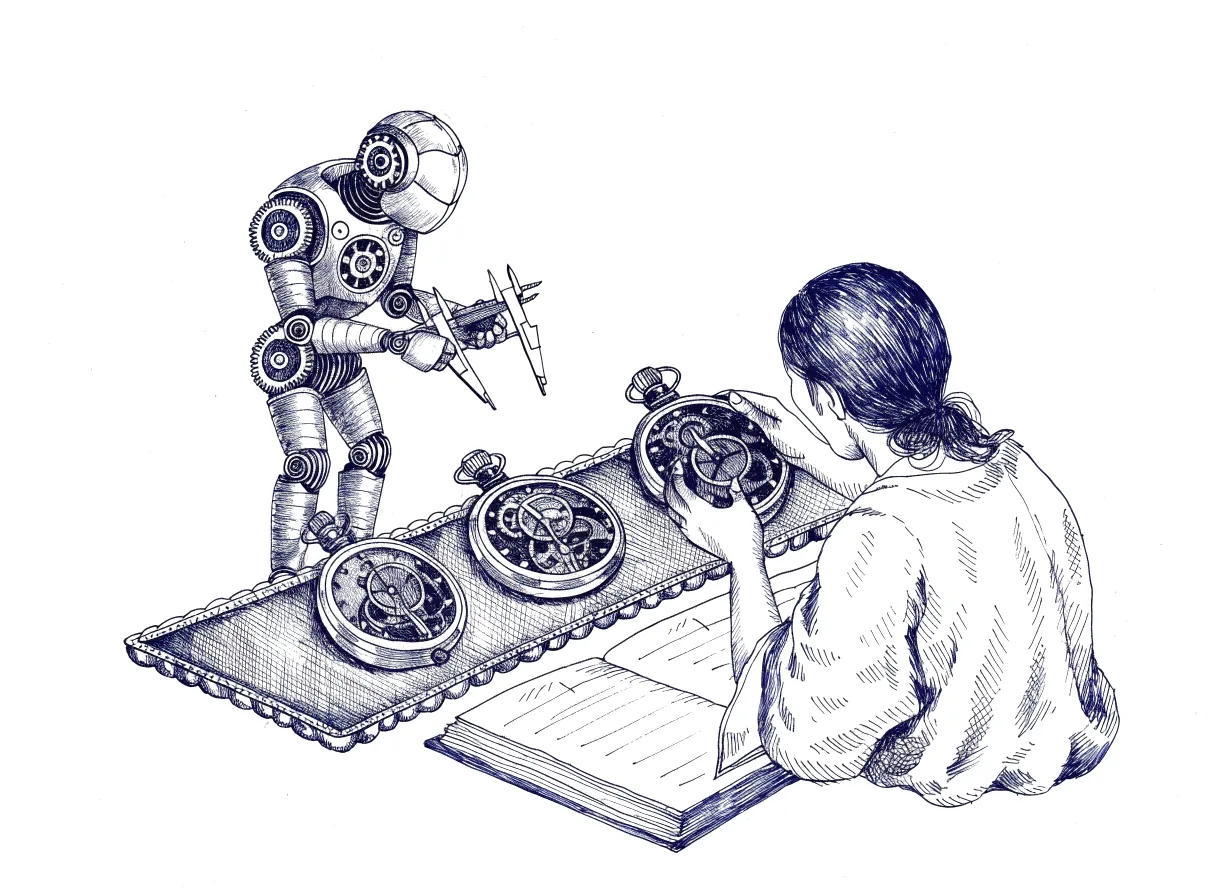 A small robot measures three rival pocket watches with calipers as they lie side by side on a velvet tray and copies each reading into a ledger, while a customer seen from behind, the back of the head showing, lifts one watch to check it against the open page, the whole scene drawn with wide empty margins on every side.