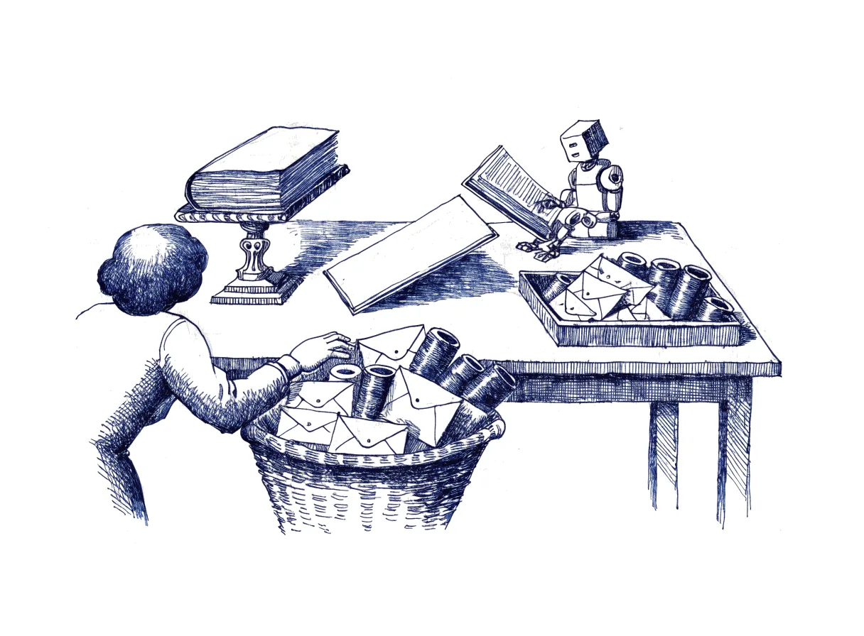 A figure seen from behind, the back of the head showing, sorts a heaped basket of envelopes, wax recording cylinders and loose papers into three places on a desk, a bound rulebook on a lectern, a slim folder for one task and an overflowing tray, while a small robot at the desk's end reads only the rulebook, the whole scene drawn with wide empty margins on every side.