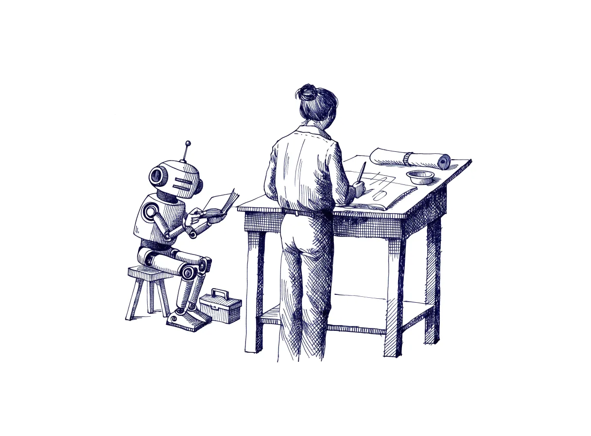 A small robot sits on a stool beside a closed toolbox and questions a figure seen from behind, the back of the head showing, who stands at a drafting table and answers, while the robot notes each reply in a small book and a rolled blueprint lies tied shut on the table, the whole scene drawn with wide empty margins on every side.