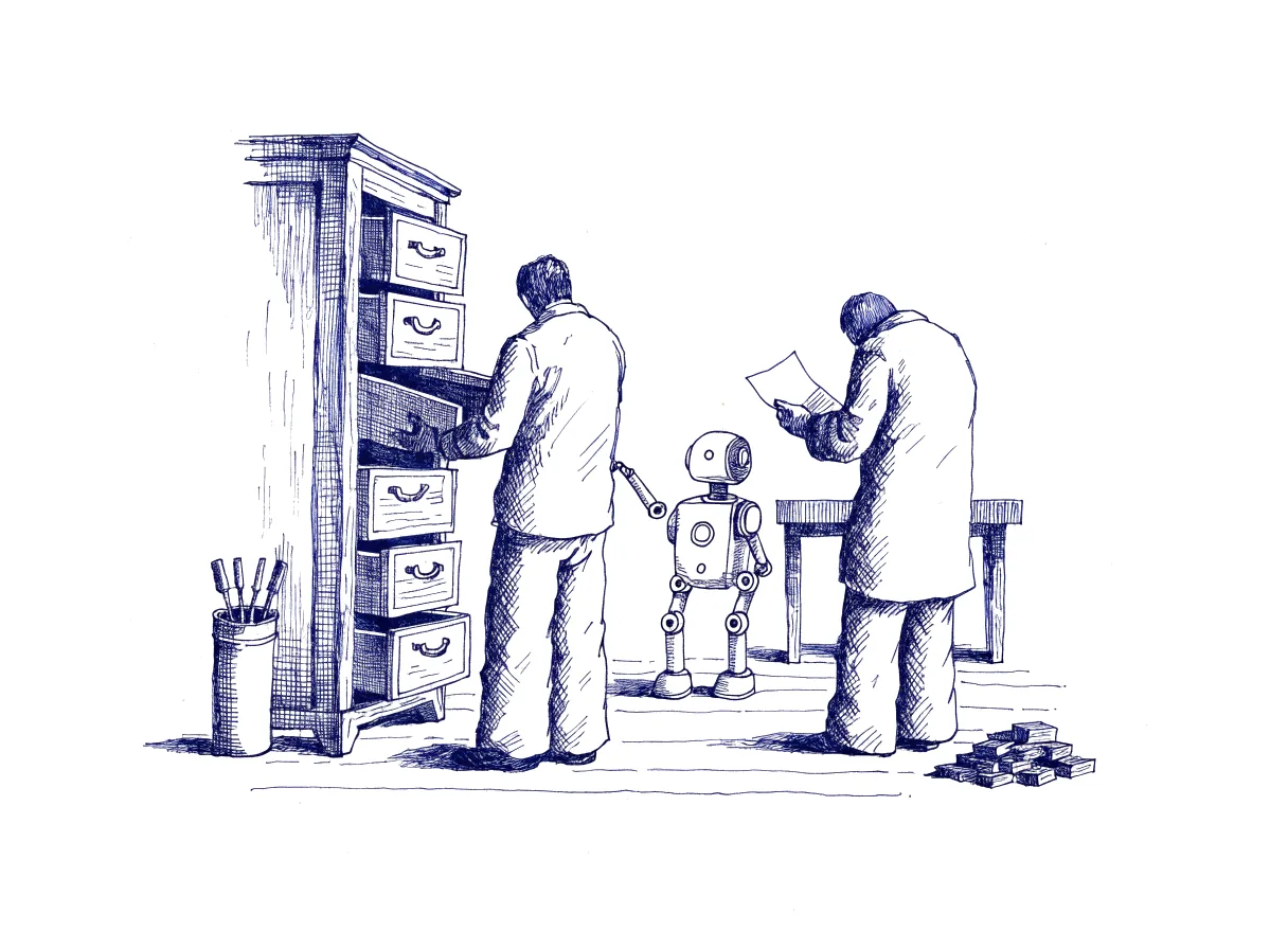 In a workshop, a small robot hands a newly built wooden drawer to two figures seen from behind, the backs of their heads showing: the carpenter who keeps the tall cabinet it belongs to tests the drawer against those already fitted, and the figure who asked for it reads a folded note from the robot, the whole scene drawn with wide empty margins on every side.