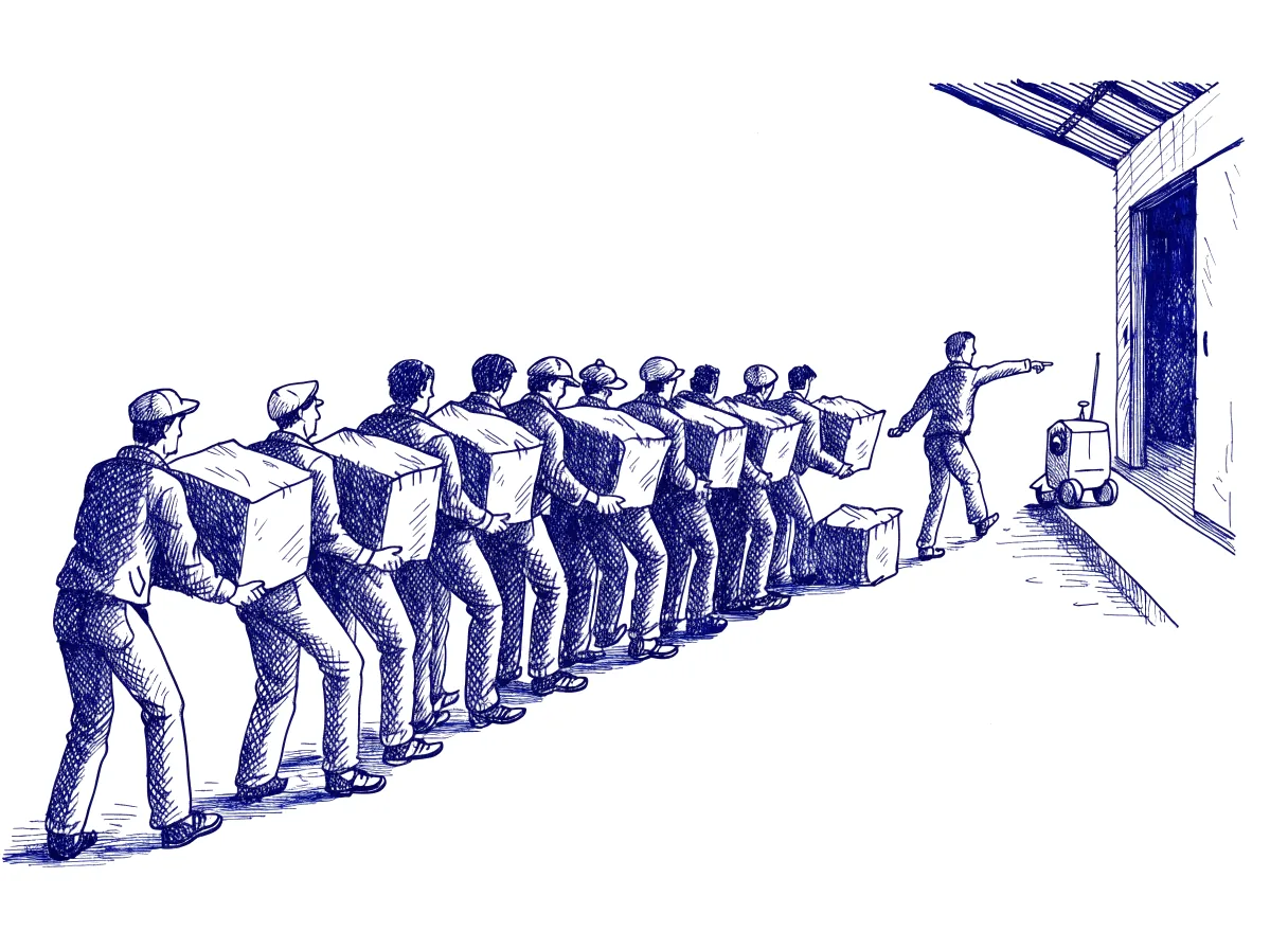 A line of figures seen from behind, the backs of their heads showing, pass heavy parcels hand to hand toward a loading dock, while one figure has stepped out of the line to point at a small robot standing nearby, and a parcel drops into the gap left behind, the whole scene drawn with wide empty margins on every side.