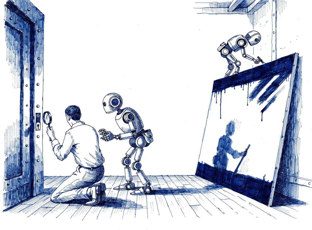 An inspector seen from behind, the back of the head showing, kneels with a magnifying glass at the lock of a heavy vault door that a small robot has just fitted, while across the room a freshly painted stage flat built by another robot leans against the wall and no one looks at it, the whole scene drawn with wide empty margins on every side.