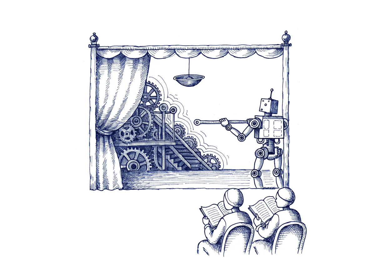 Behind a small theatre curtain a single robot turns one crank that raises a lamp, while the painted backdrop in front shows an elaborate machine of gears and pulleys, and two figures seen from behind in the front row, the backs of their heads showing, write in notebooks on their laps, the whole scene drawn with wide empty margins on every side.