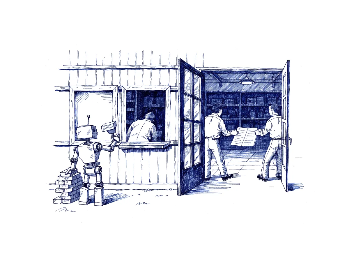 A small robot bricks up one of two service hatches in a shop wall, while a customer seen from behind, the back of the head showing, leans into the remaining hatch, and through a side door two clerks seen from behind, the backs of their heads showing, pull at opposite ends of one long ledger, the whole scene drawn with wide empty margins on every side.