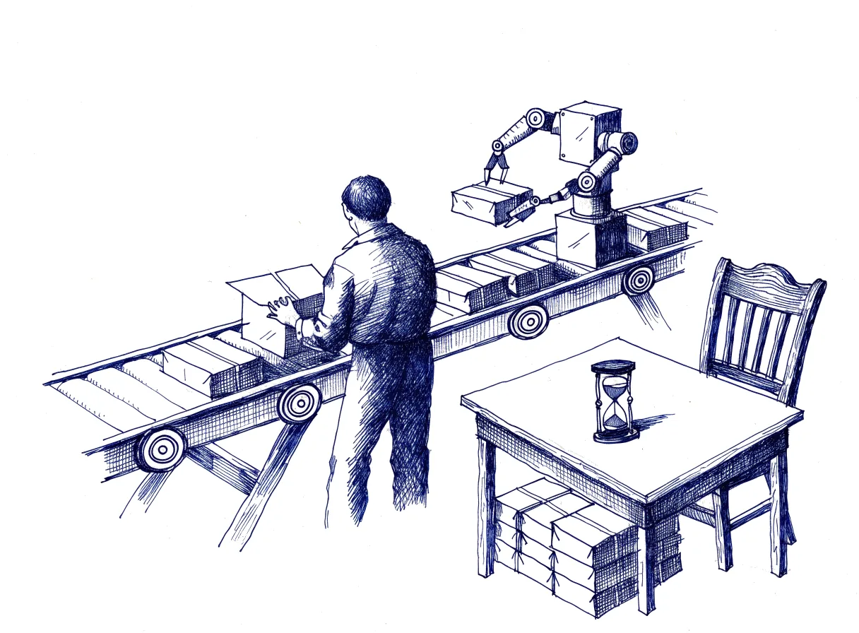 A small robot at the end of a fast conveyor hands each finished parcel back to the figure who ordered it, seen from behind with the back of the head showing, who opens it at the belt, while an inspector's empty desk stands beside a run-out hourglass and a stack of waiting parcels, the whole scene drawn with wide empty margins on every side.