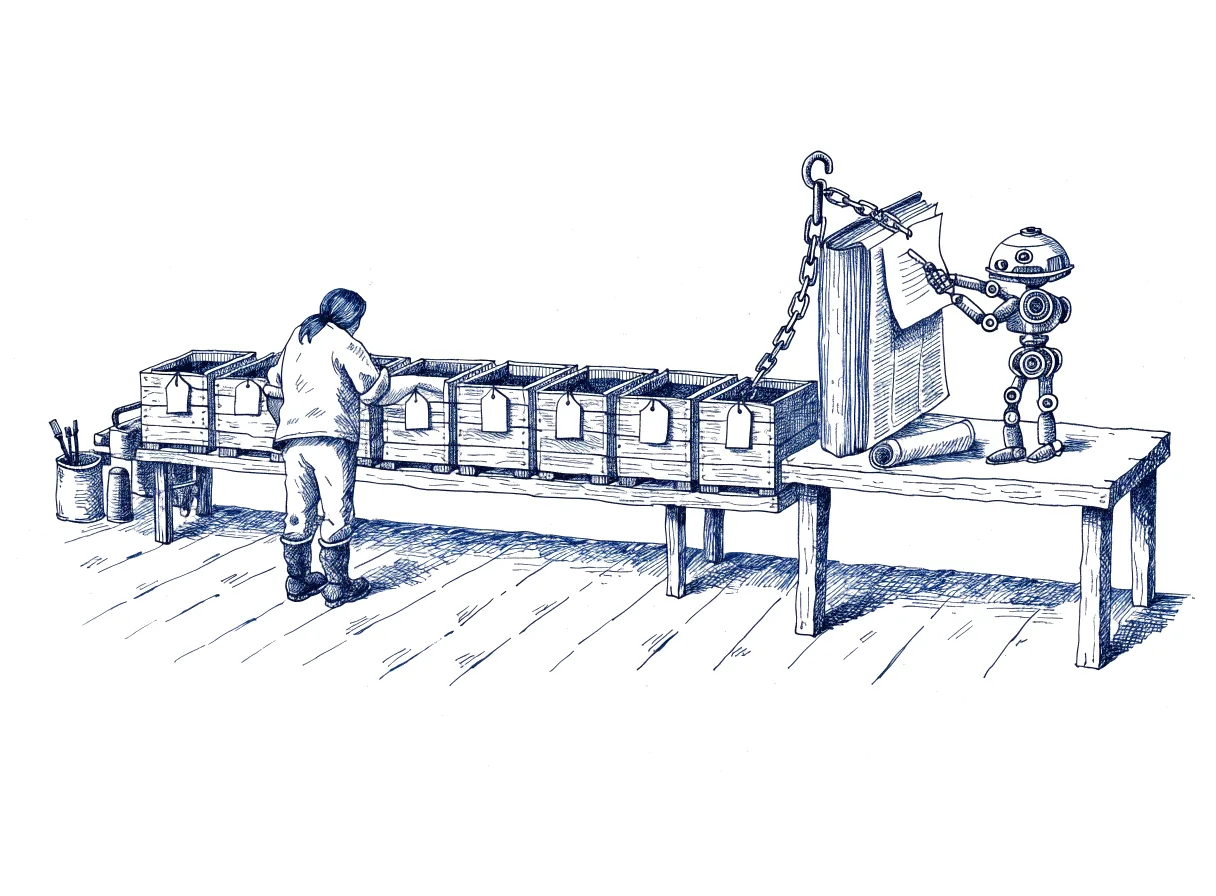 In a busy testing workshop, a figure seen from behind, the back of the head showing, fixes a small blank tag to each eligible crate on a long inspection line, while a small robot at the far end pastes a new sheet into the thick rule book chained to the workbench, the whole scene drawn with wide empty margins on every side.