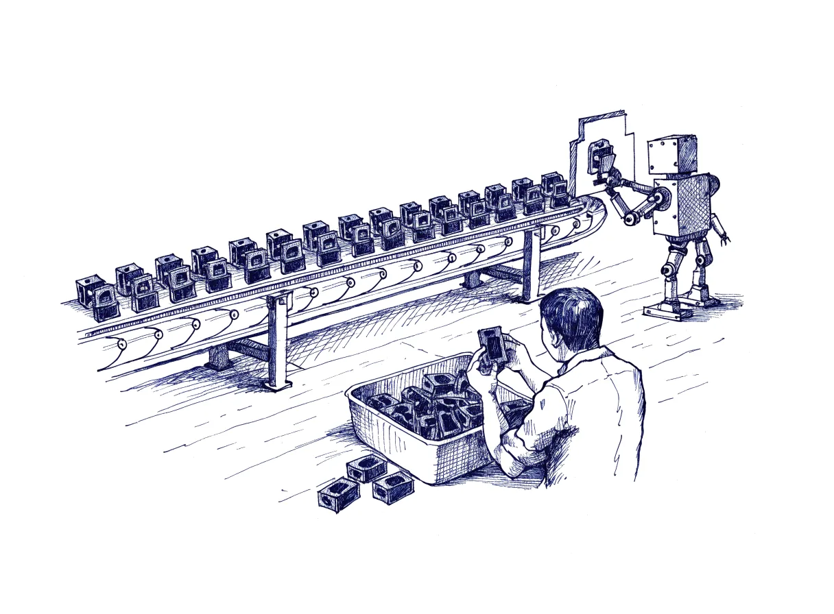 A small robot at the end of a production line holds each finished part against a cut metal template and drops the misfits into a separate bin, while a figure seen from behind, the back of the head showing, sits beside the bin and turns one rejected part over in both hands, the whole scene drawn with wide empty margins on every side.