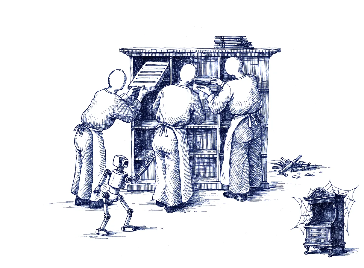 Three figures seen from behind, the backs of their heads showing, work at a tall shared cabinet in a workshop: one slides a newly made drawer straight into it while a small robot hands up tools, the other two test the drawer's runners and lock, and a dusty model cabinet stands abandoned in the corner, the whole scene drawn with wide empty margins on every side.