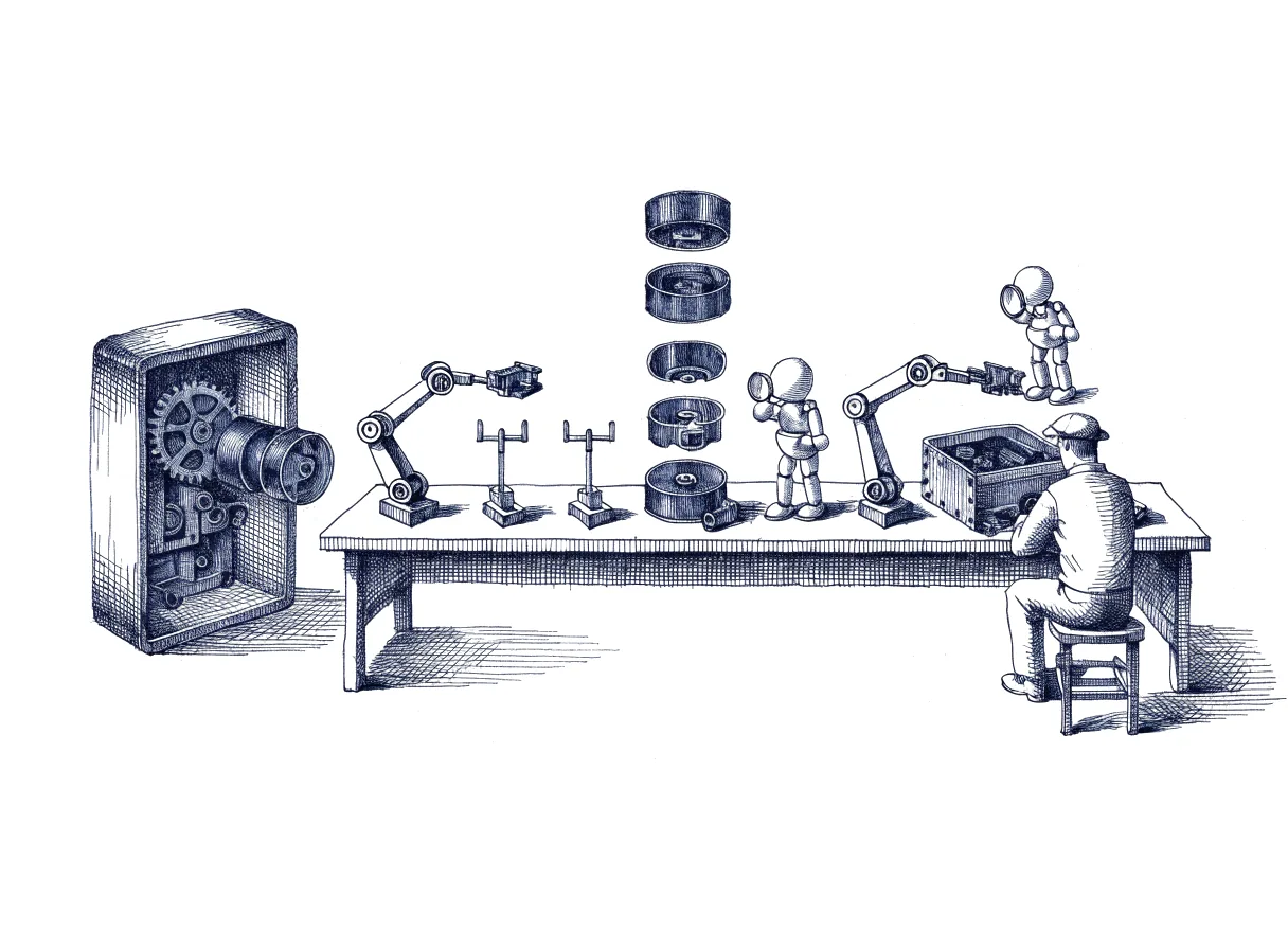 An old music box stands open at one end of a workbench while small robots build a copy part by part, each new part passing a test stand, a comparison with the original and two robot inspectors with loupes before an engineer seen from behind, the back of the head showing, fits it into the copy, the whole scene drawn with wide empty margins on every side.