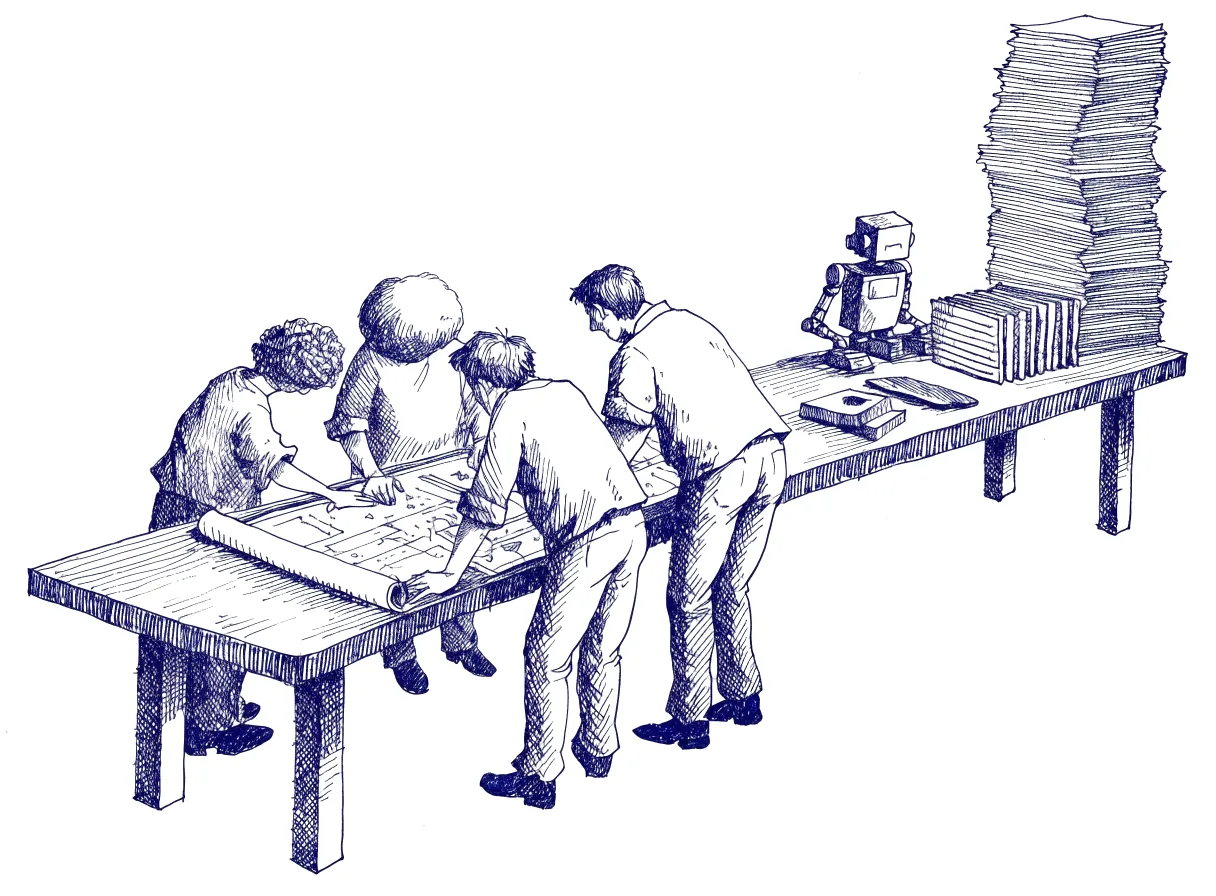 Four figures seen from behind, the backs of their heads showing, lean over a long table to study one unrolled blueprint, while a small robot at the end of the table waits with its tools folded beside a layered cake already cut into thin upright slices, and a tall pile of paper stands untouched in the corner, the whole scene drawn with wide empty margins on every side.