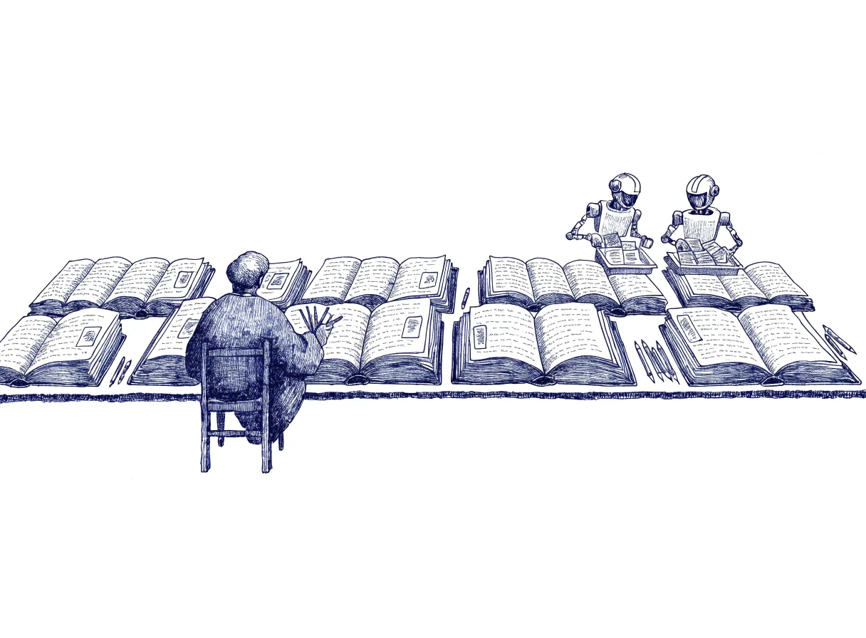 A reader seen from behind, the back of the head showing, sits at a long table before a stack of bound logbooks and pencils a note in the margin of each open page, while two small robots at the far end of the table sort the finished notes into separate trays, the whole scene drawn with wide empty margins on every side.