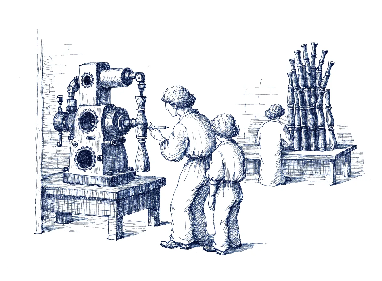Three figures seen from behind, the backs of their heads showing, work in a carpenter's shop, where a master points a pencil at a flaw in a chair leg turned by a robot lathe as an apprentice at the master's side watches, and a second apprentice alone at a far bench stacks the robot's chair legs unchecked, the whole scene drawn with wide empty margins on every side.