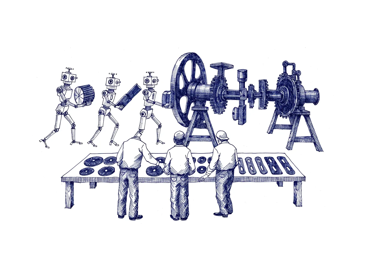 Three figures seen from behind, the backs of their heads showing, set out a row of brass gauges and templates along a workbench, while beyond them small robots dismantle an old steam engine and pass each newly made replacement part through every gauge before fitting it, the whole scene drawn with wide empty margins on every side.