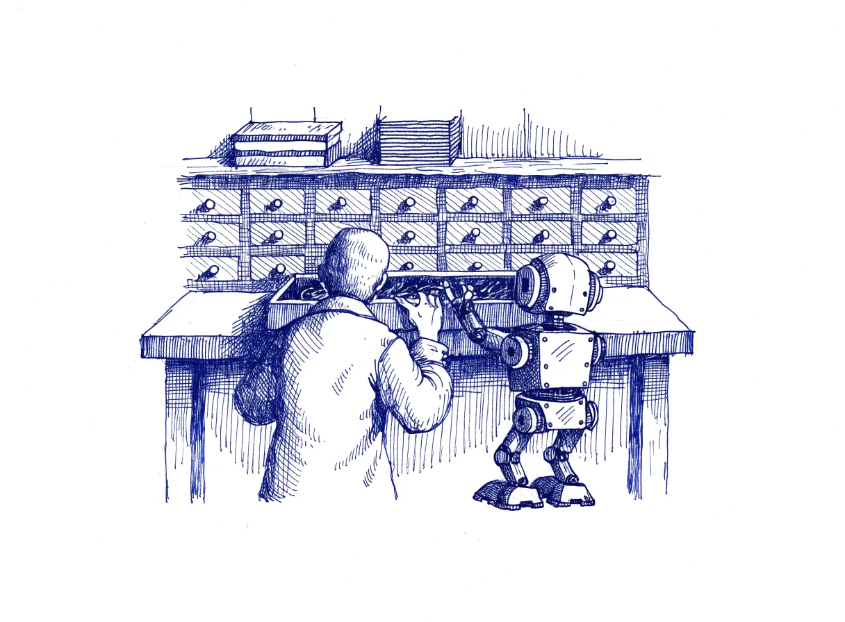 A customer seen from behind, the back of the head showing, and a small robot stand side by side at one shop counter fitted with a cabinet of small drawers, only two of which stand open, and both reach into the same open drawer while the rest stay locked, the whole scene drawn with wide empty margins on every side.