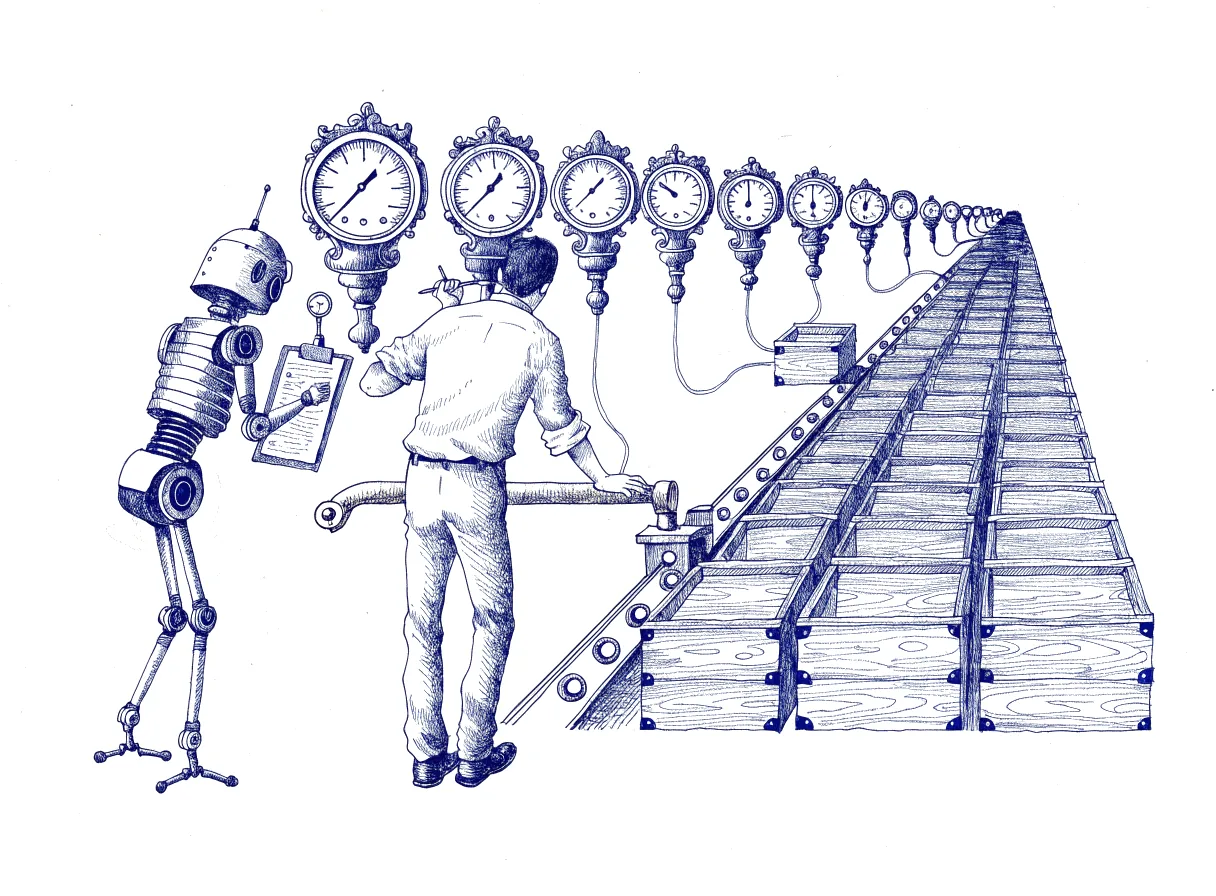 At the end of a long factory line, a small robot hangs a clipboard beside a row of pressure gauges and watches the needles, while an engineer seen from behind, the back of the head showing, marks the clipboard in pencil and rests one hand on a brass lever that sends the last crate back up the line, the whole scene drawn with wide empty margins on every side.