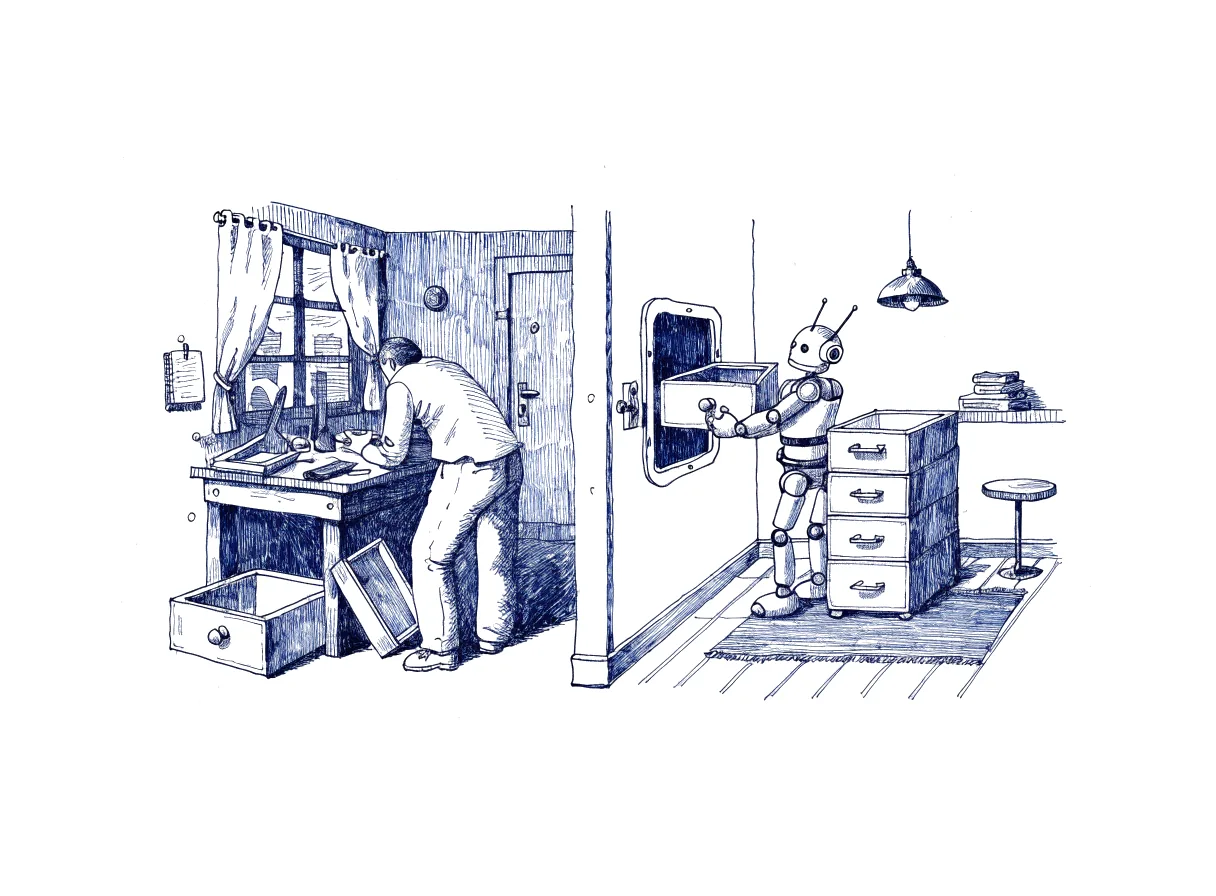 A small robot assembles a cabinet in a front room from drawers and handles passed through a hatch in the wall, while the door to the back workshop stays locked and, through the hatch, a cabinetmaker seen from behind, the back of the head showing, planes a drawer at a bench beside a notebook hung on a nail, the whole scene drawn with wide empty margins on every side.