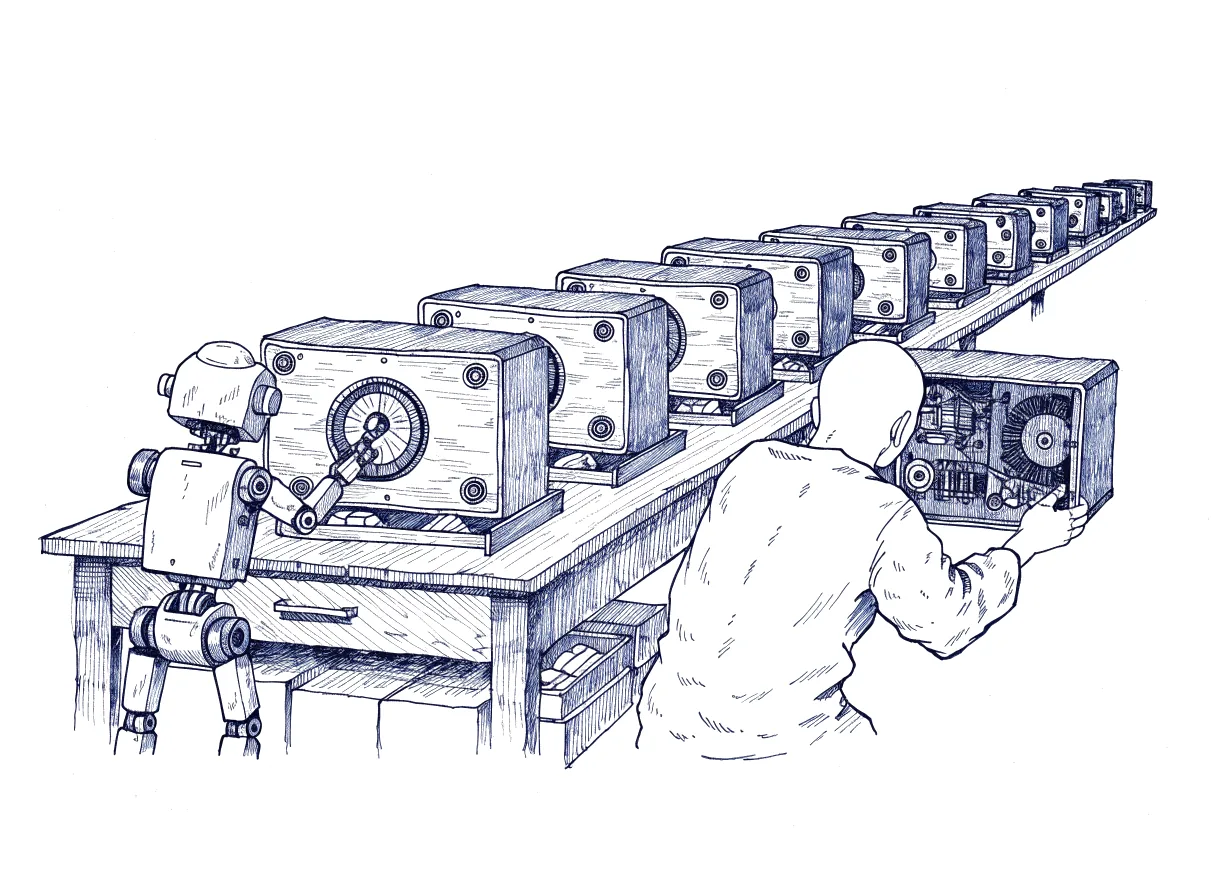 A small robot at a workbench presets the dial of each wooden radio in a long row to the same position before the radios are boxed, while a figure seen from behind, the back of the head showing, has opened the back panel of one radio and peers at the setting hidden inside, the whole scene drawn with wide empty margins on every side.