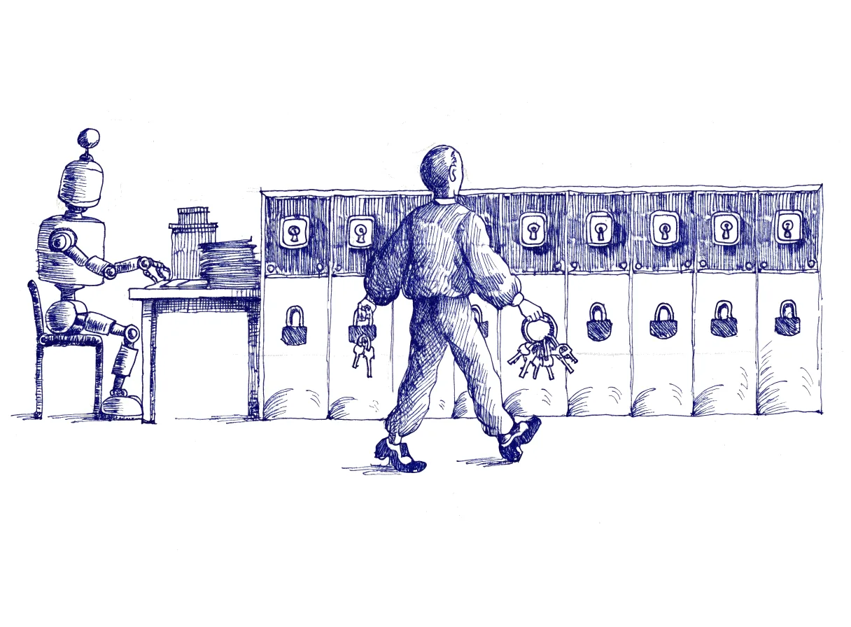 A small robot at a clerk's desk reaches towards a row of filing drawers that are locked shut, while a figure seen from behind, the back of the head showing, walks along the row with a ring of keys and unlocks the drawers one by one, the whole scene drawn with wide empty margins on every side.