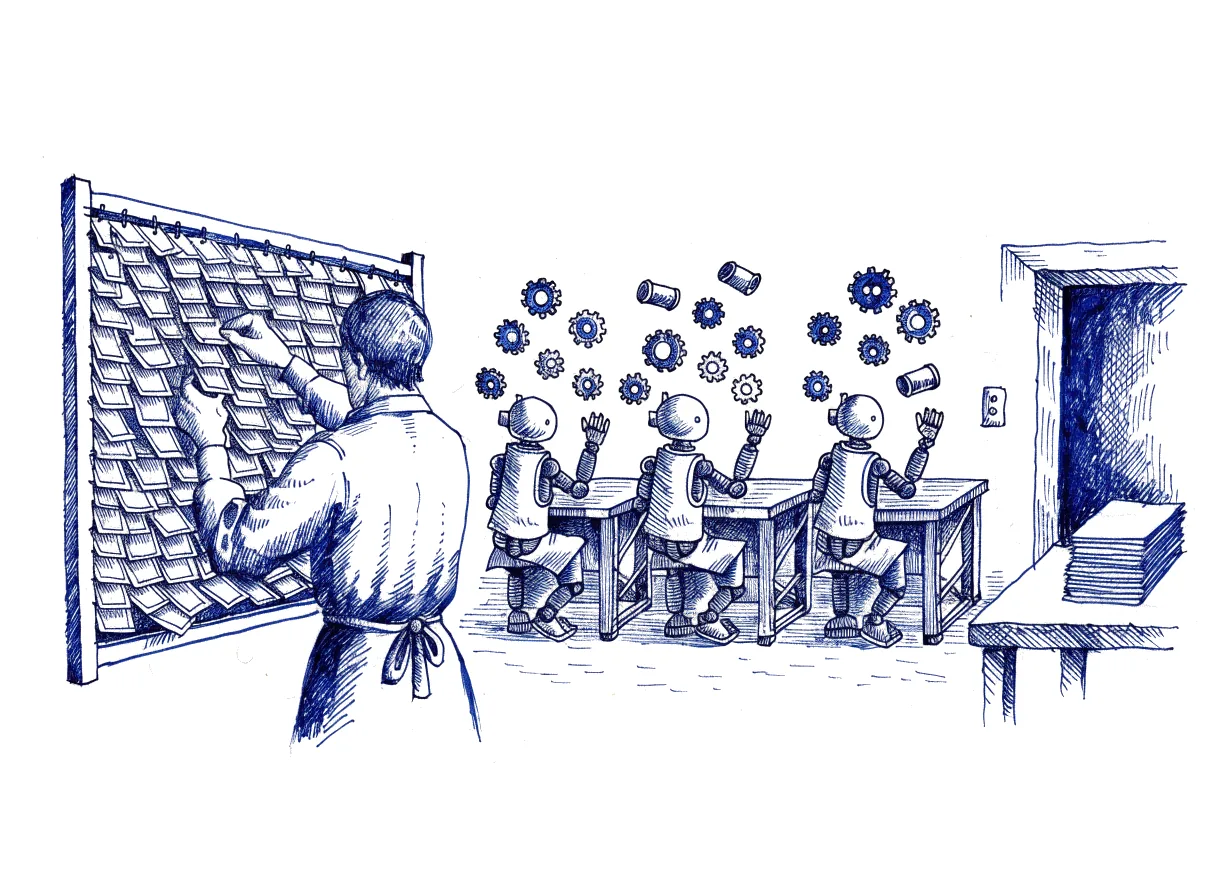 A foreman seen from behind, the back of the head showing, takes down half the job tickets pinned to a crowded board in a workshop, while three small robots at their workbenches each juggle several half-finished parts and a fresh stack of tickets waits on a table by the door, the whole scene drawn with wide empty margins on every side.