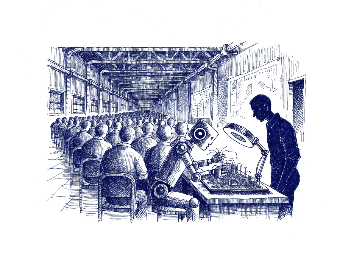 Rows of figures seen from behind, the backs of their heads showing, sit on chairs in a long factory hall facing a large paper chart pinned to the wall, while at a workbench in front of them a small robot tests a circuit board under a magnifying lamp and an engineer in silhouette watches over its shoulder, the whole scene drawn with wide empty margins on every side.