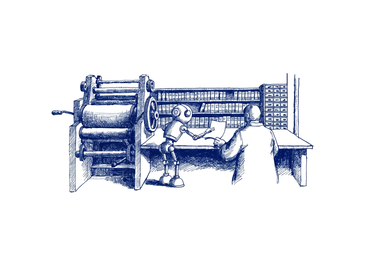 A small robot at a printing press hands a single folded report across the counter to a figure seen from behind, the back of the head showing, while the long shelves of bound volumes and the drawers of a card index at the back of the shop stand untouched, the whole scene drawn with wide empty margins on every side.