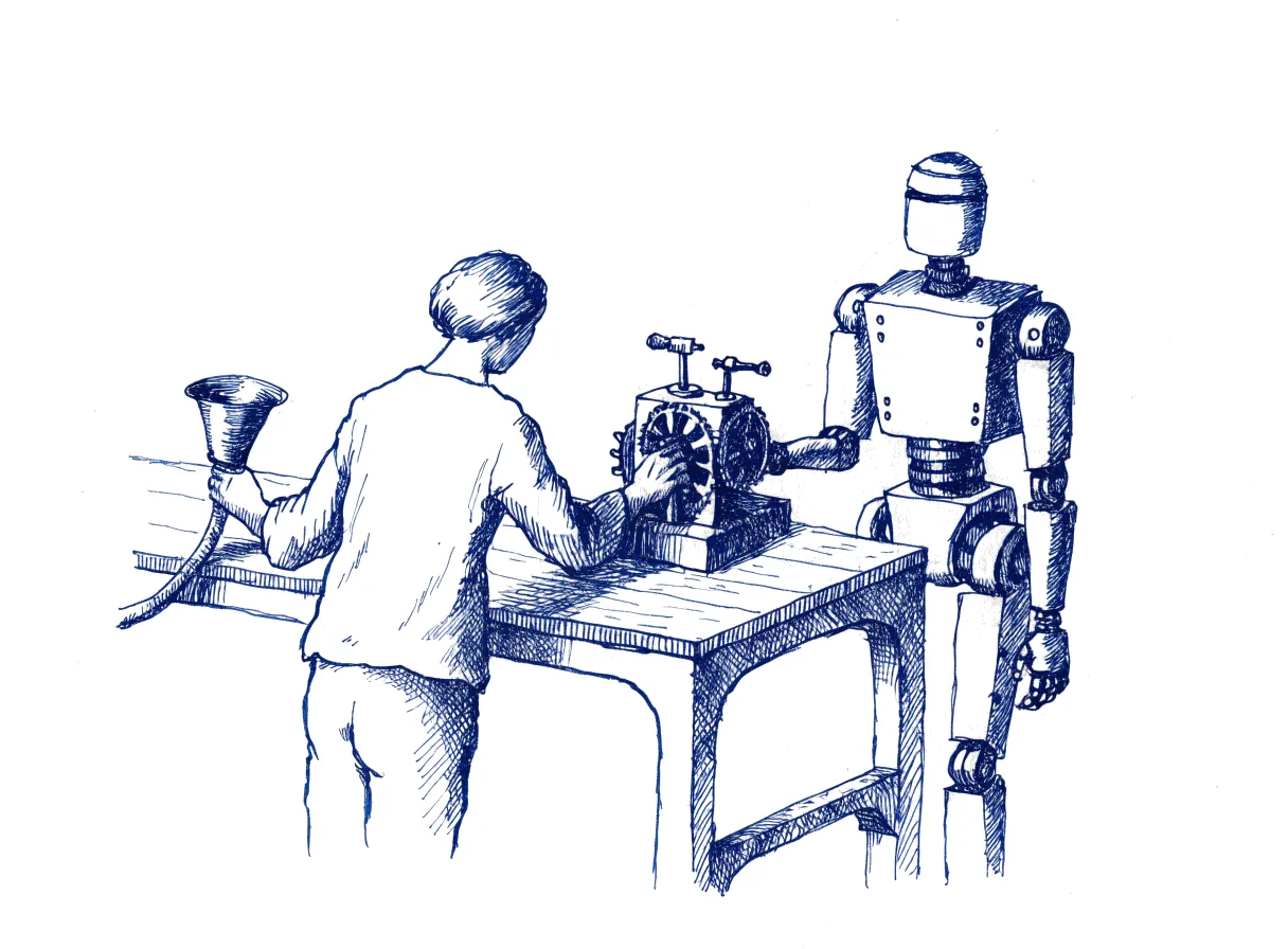 A figure seen from behind, the back of the head showing, sets down the mouthpiece of a brass speaking tube and pulls the lever of a small purpose-built sorting machine that a robot has just assembled on the workbench, with a stop handle and a reverse handle within easy reach, the whole scene drawn with wide empty margins on every side.
