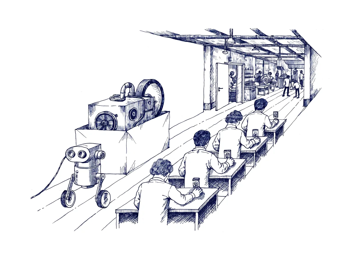 A small robot carries a boxed machine along a corridor past five desks in a row, where five figures seen from behind, the backs of their heads showing, each press a plain ink stamp onto the box in turn before a door at the far end opens onto a busy workshop, the whole scene drawn with wide empty margins on every side.