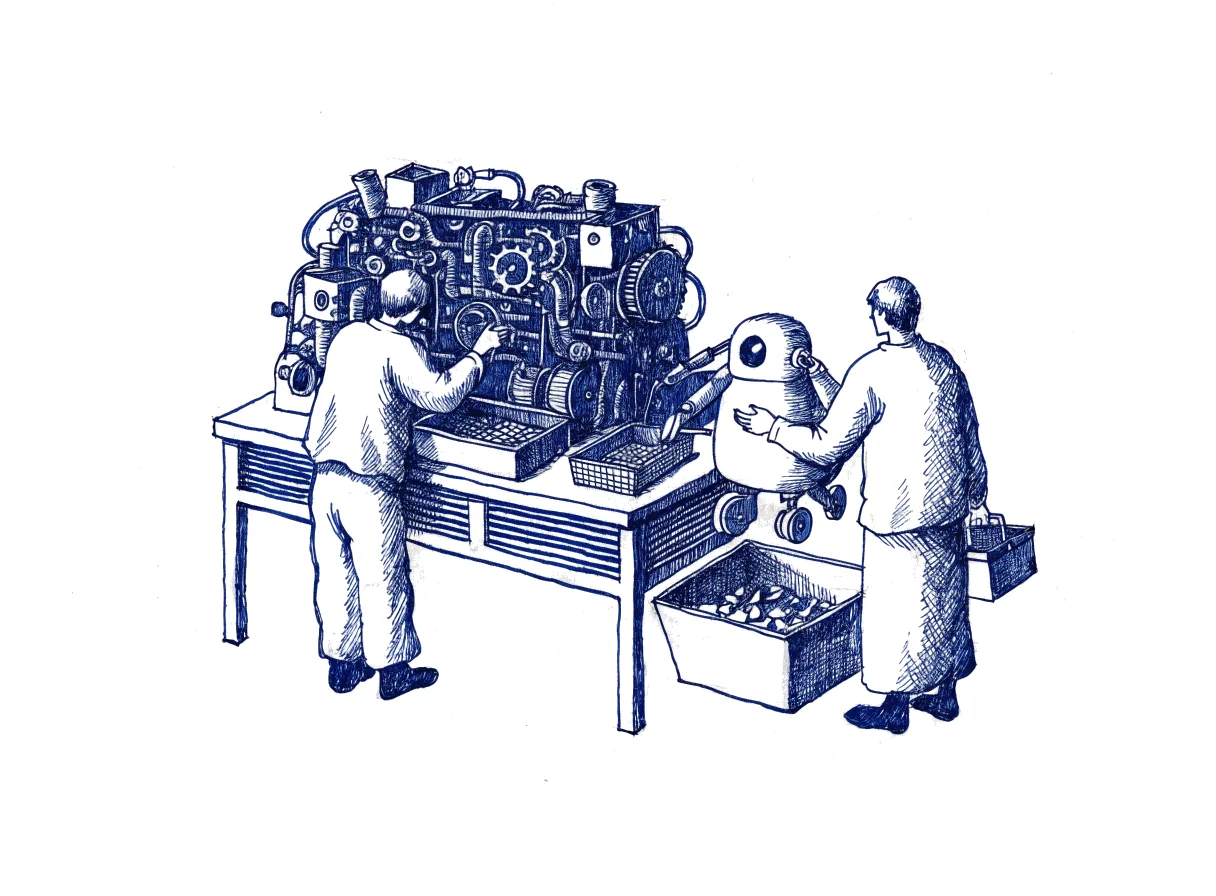 Two figures seen from behind, the backs of their heads showing, work at a long table, where one takes apart a cluttered old sorting machine and divides its parts between a tray for a small robot and a bin for discarded pieces, while the other stands beside the robot with a toolbox, the whole scene drawn with wide empty margins on every side.