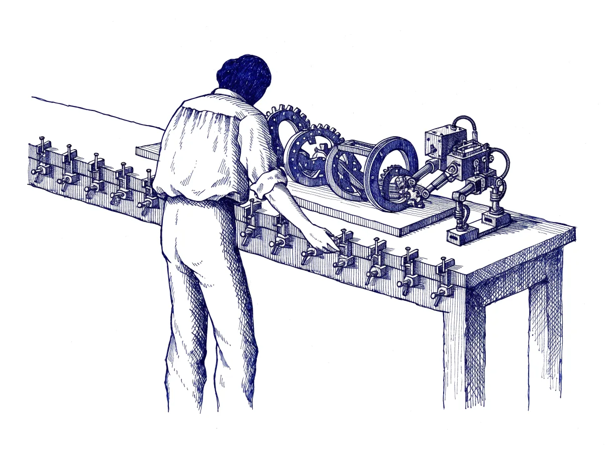 A figure seen from behind, the back of the head showing, adjusts a row of small brass sliders and knobs clamped to the edge of a workbench, and each turn changes the shape of a working model that a small robot is still assembling at the far end of the bench, the whole scene drawn with wide empty margins on every side.