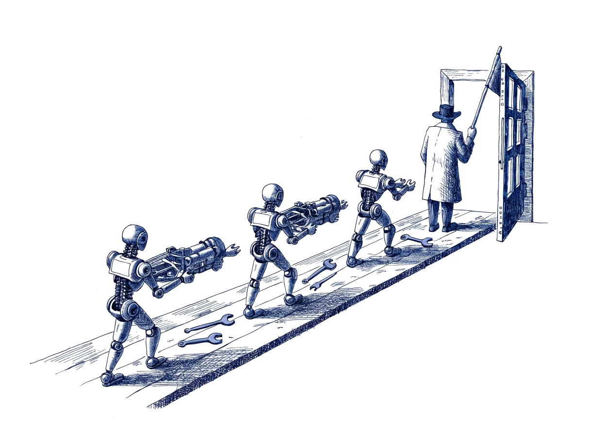 A figure seen from behind, the back of the head showing, stands at the end of a long workbench where three small robots pass a half-built model from hand to hand for inspection, and holds a signal flag lowered so that the last robot waits before carrying the model through the door, the whole scene drawn with wide empty margins on every side.