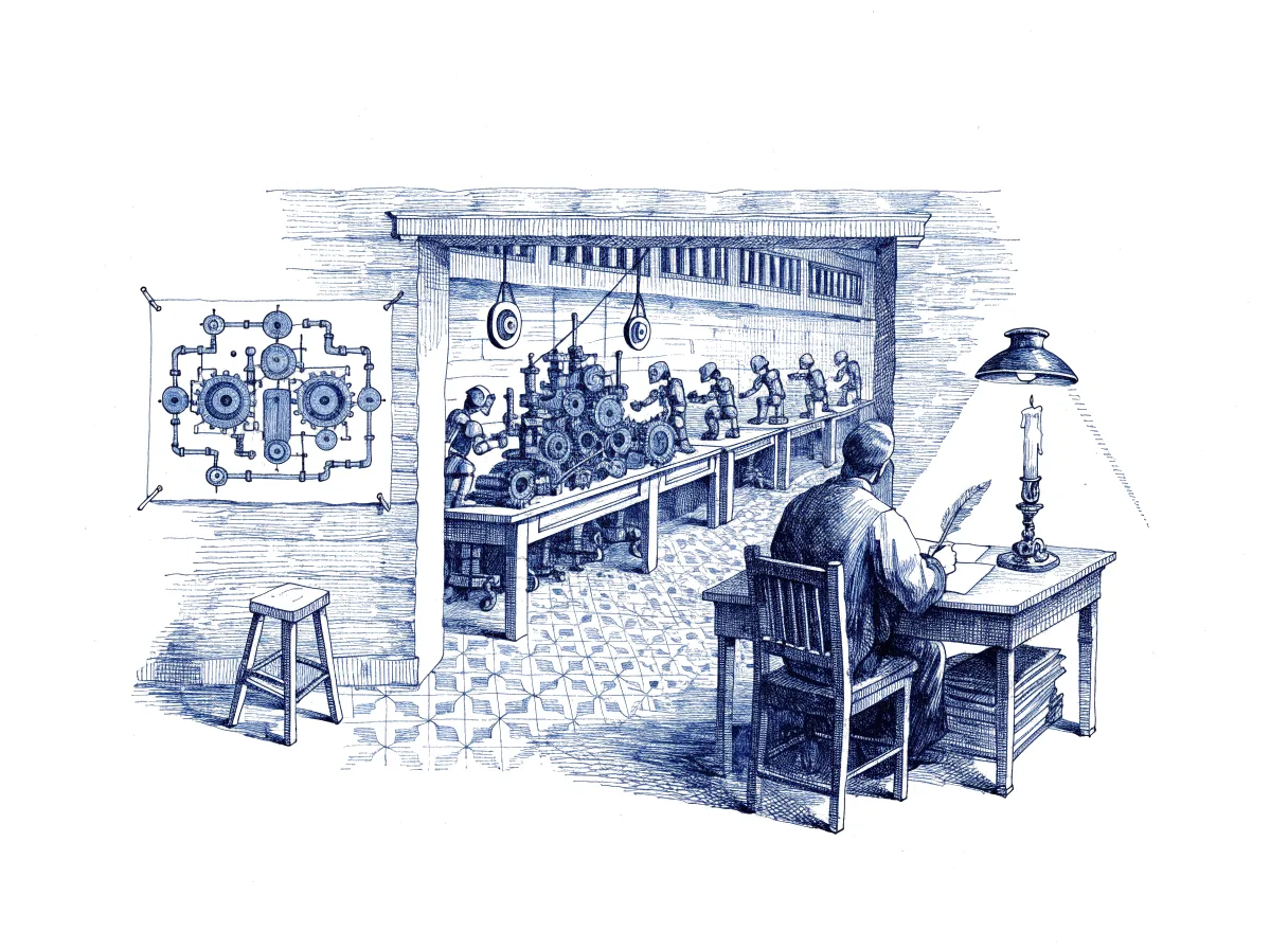 A figure seen from behind, the back of the head showing, sits alone at a desk writing a letter by lamplight, while in the workshop beyond small robots assemble a large machine at a row of workbenches and an empty stool stands beside a plan of the whole machine pinned to the wall, the whole scene drawn with wide empty margins on every side.