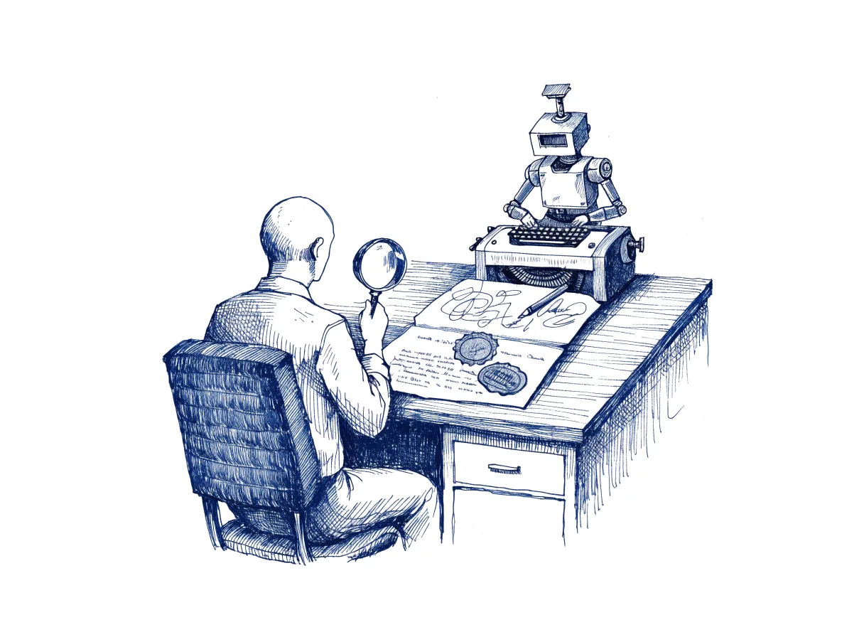 A reviewer seen from behind, the back of the head showing, holds a magnifying glass over a two-part work order on a desk, the upper sheet written by hand with the pen still resting on it and the lower sheet fed from a typewriter worked by a small robot, a different seal pressed on each sheet, the whole scene drawn with wide empty margins on every side.