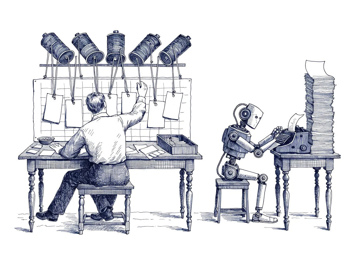 A clerk seen from behind, the back of the head showing, pins index cards to a board with each card tied by a length of string to one of the phonograph cylinders on a shelf above, while at the next desk a small robot copies sheet after sheet onto a tall stack with no strings at all, the whole scene drawn with wide empty margins on every side.