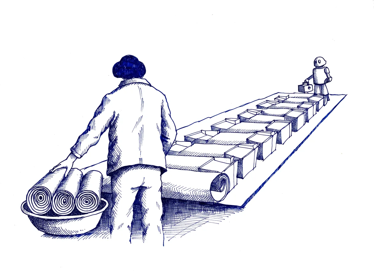 A figure seen from behind, the back of the head showing, sweeps three nearly identical rolled plans into a basket and unrolls one long plan divided into rows across a workbench, a small cardboard model resting on each row, while a small robot at the end of the workbench waits with its toolbox, the whole scene drawn with wide empty margins on every side.