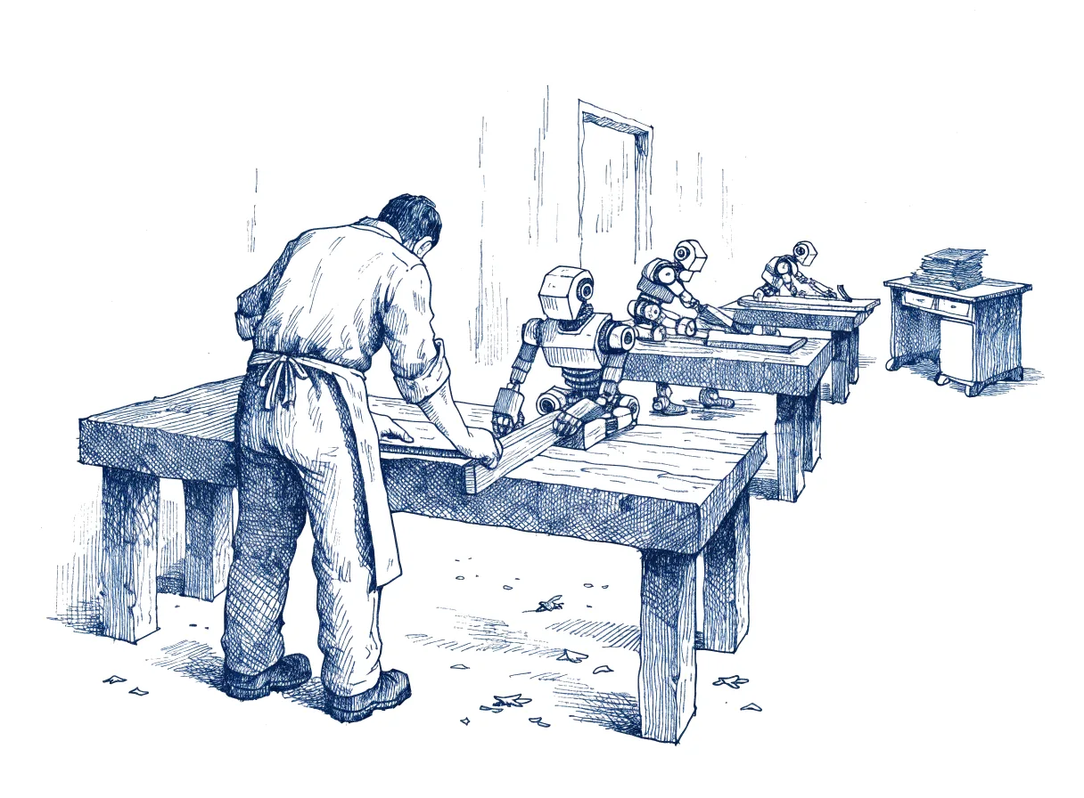 A master carpenter seen from behind, the back of the head showing, holds a try square against a joint made by a small robot apprentice at a workbench, while two more robots plane boards at the benches beyond and an empty clerk's desk with a tidy stack of forms stands unused in the corner, the whole scene drawn with wide empty margins on every side.