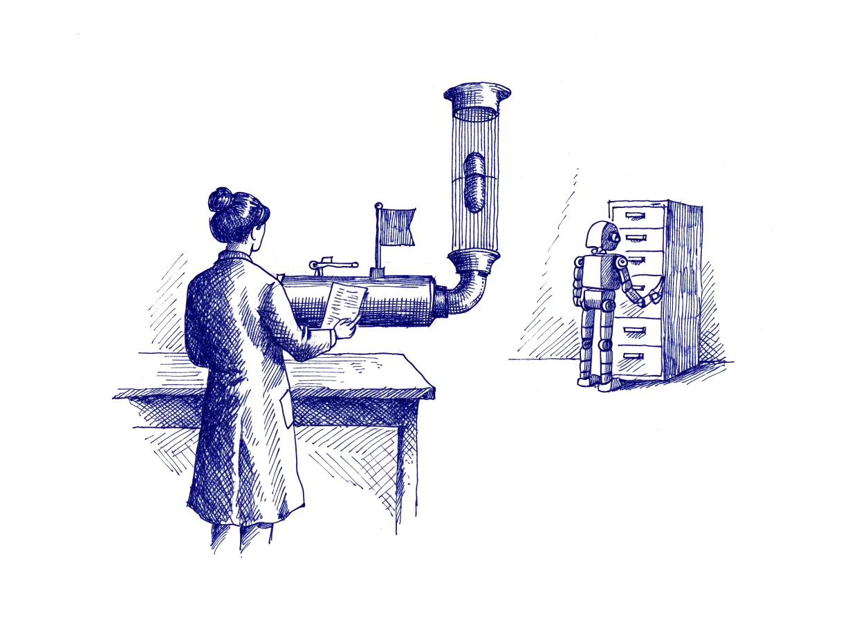 A clinician seen from behind, the back of the head showing, slips a folded patient note into a brass pneumatic tube beside a desk and watches a small flag rise on the tube station while the carrier travels, as a small robot at a filing cabinet across the room waits to receive it, the whole scene drawn with wide empty margins on every side.