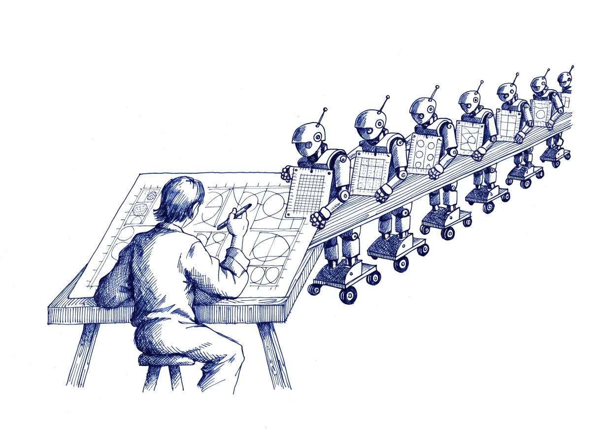 A draughtsman seen from behind, the back of the head showing, completes one detailed drawing at a drafting table, while a row of small robots along a long table extends it into a sequence of further drawings, each robot checking a pinned card of pattern samples and rulers, the whole scene drawn with wide empty margins on every side.