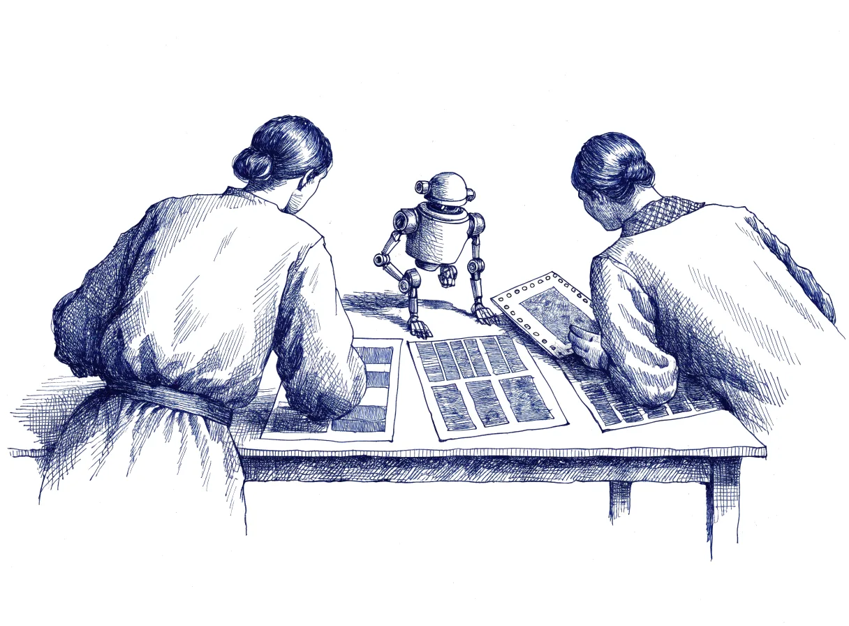 Two figures seen from behind, the backs of their heads showing, lean over a table on which a small robot has laid out three paper page layouts, and one of them sets a pattern card from the house binder beside the middle layout to compare the two, the whole scene drawn with wide empty margins on every side.
