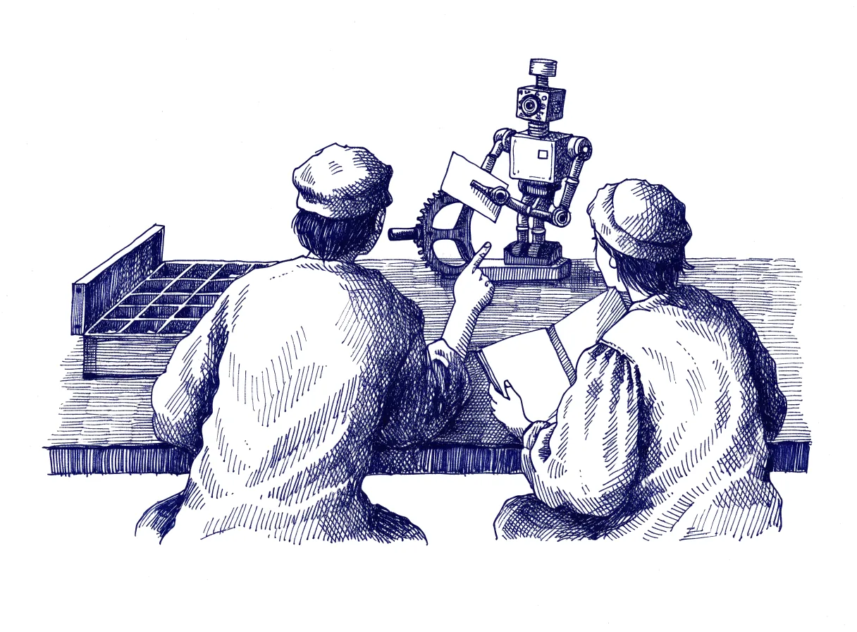 Two figures seen from behind, the backs of their heads showing, sit at a workbench where a small robot turns a sideways card in a hand-cranked clamp, one figure pointing at the clamp while the other holds an open notebook, and a filing drawer stands open beside the workbench, the whole scene drawn with wide empty margins on every side.