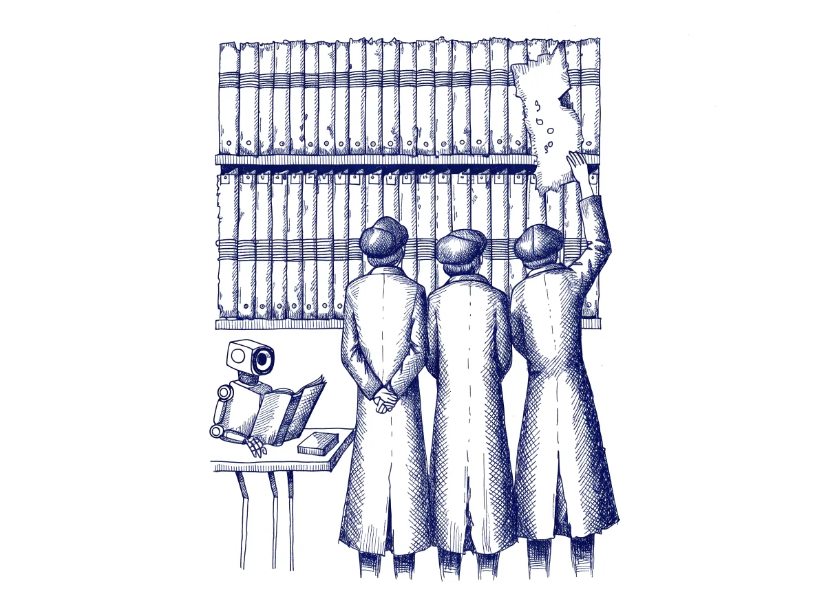 Three figures seen from behind, the backs of their heads showing, stand at a tall shelf of shared binders, each binder hung with a plain tag, and one of them lifts a worn page out while a small robot at a reading desk below studies another binder before starting work, the whole scene drawn with wide empty margins on every side.